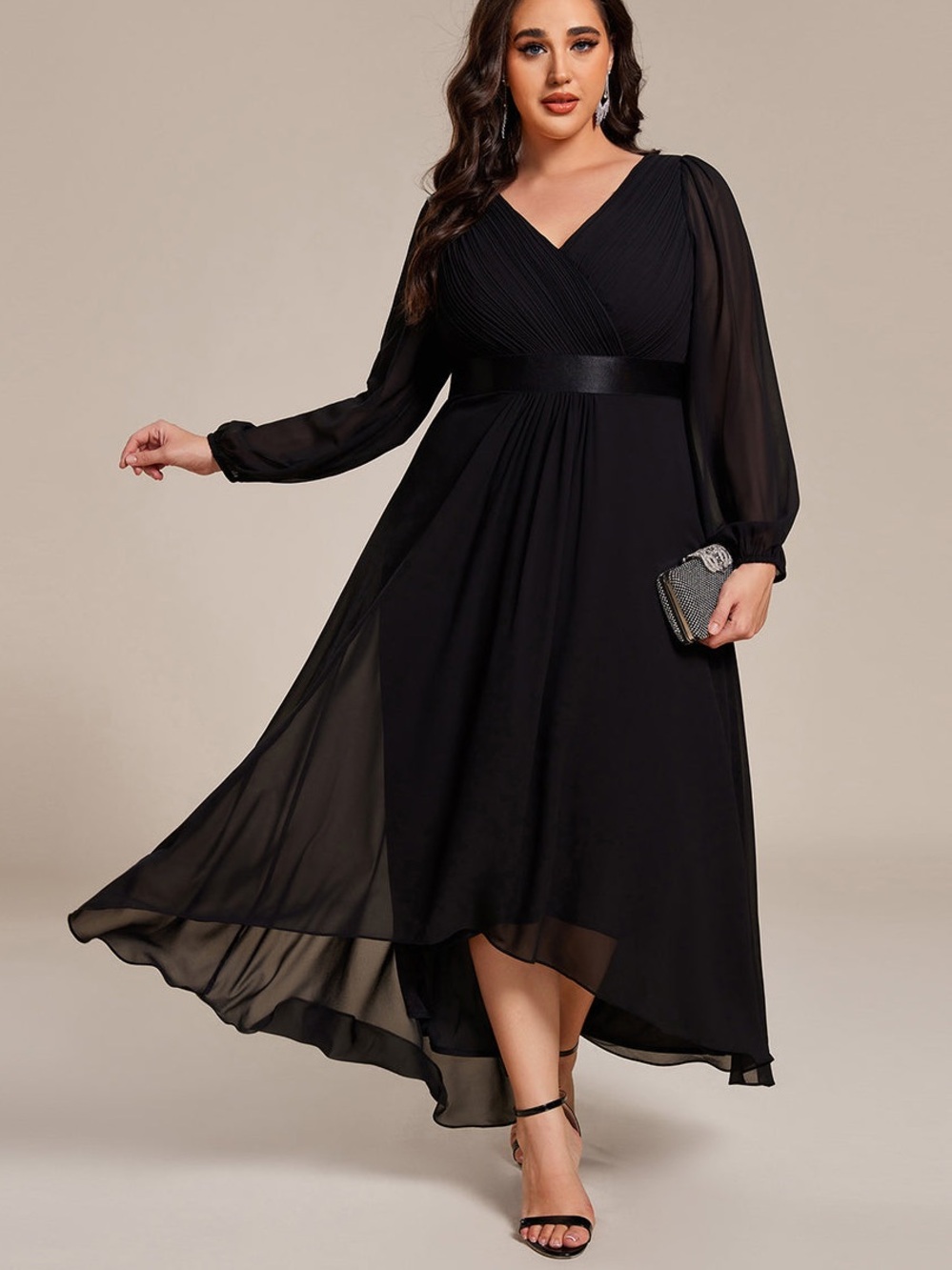 Ever Pretty Black Pleated Chiffon V-Neck Long Sleeve High-Low Dress 14